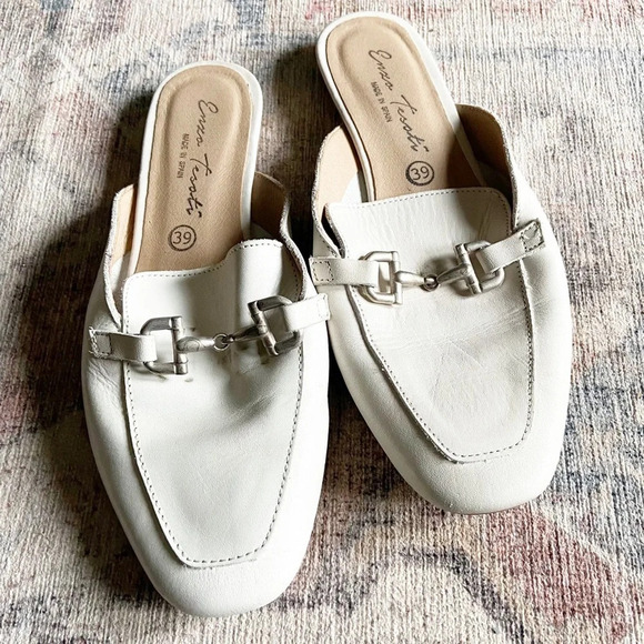 Ivory Leather Mules Loafer Slides Enzo Testoni Slip On Metal Buckle 39 / 8US - Picture 1 of 11